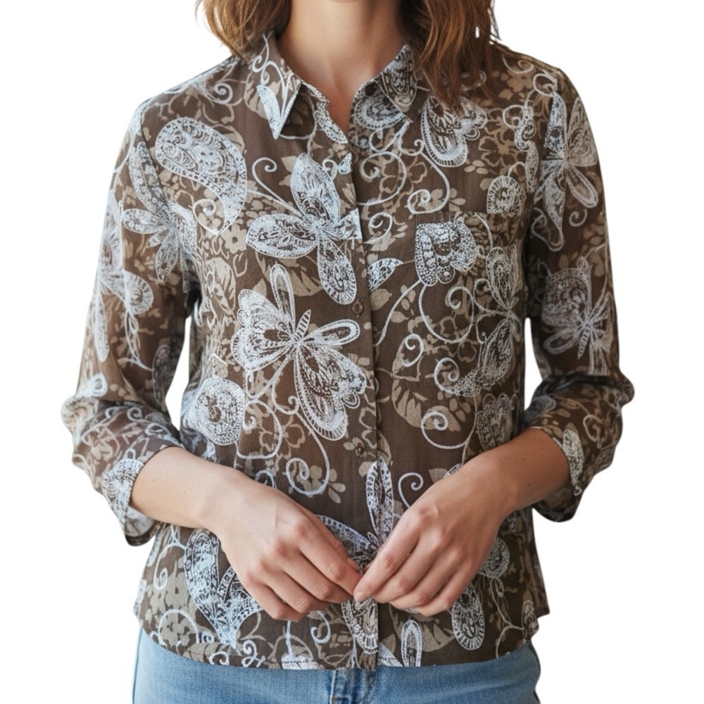 Alfred Dunner Women's Sheer Brown Cream Butterfly Floral Button Front Blouse